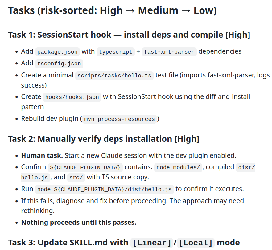 Tasks section of Plan 13, risk-sorted High to Low